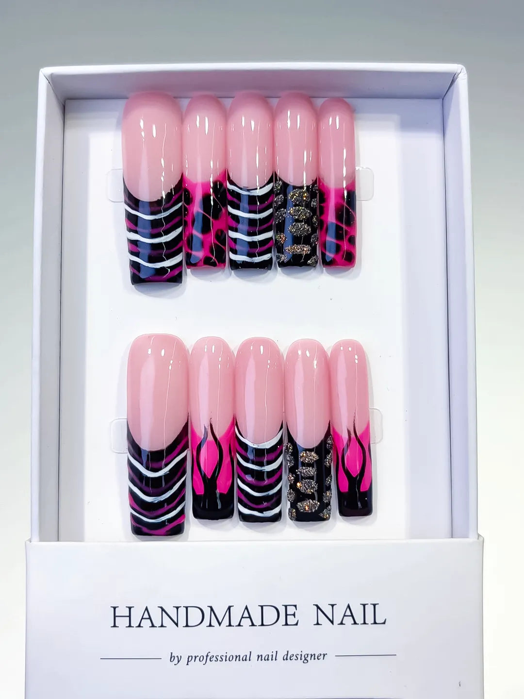 Pink Black Silver Abstract Flame Glitter press on nails full set view