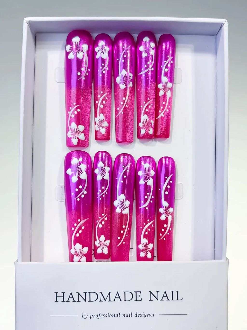 Pink White Floral press on nails full set view
