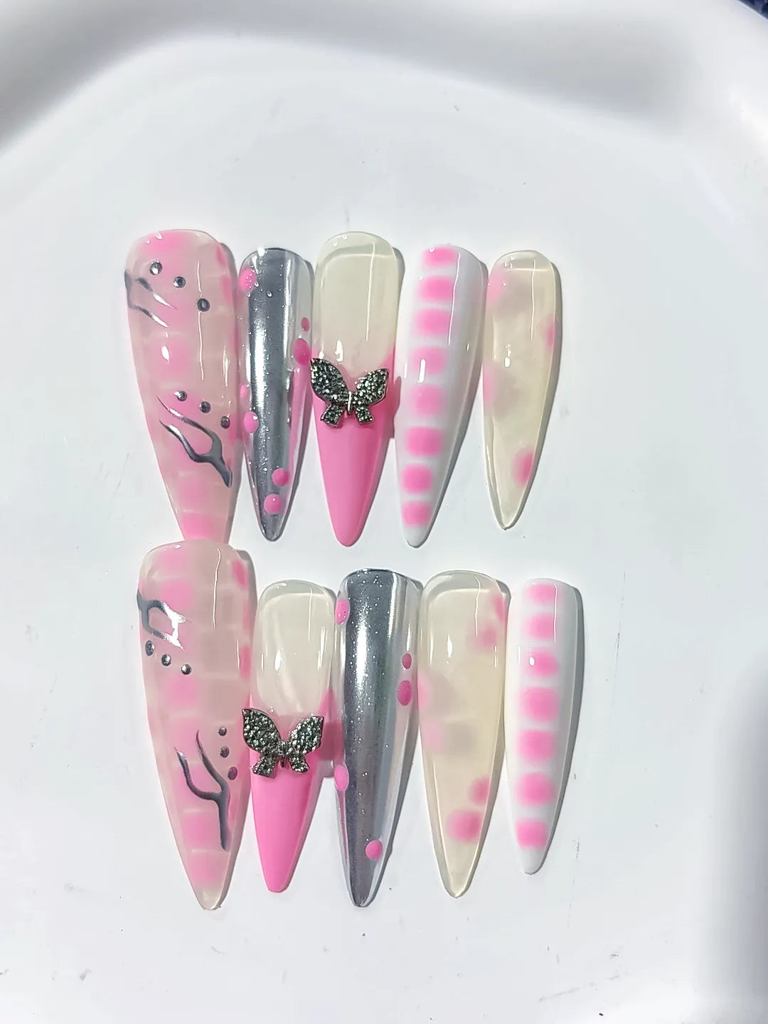 Pink White Silver Abstract Butterfly press on nails detail view