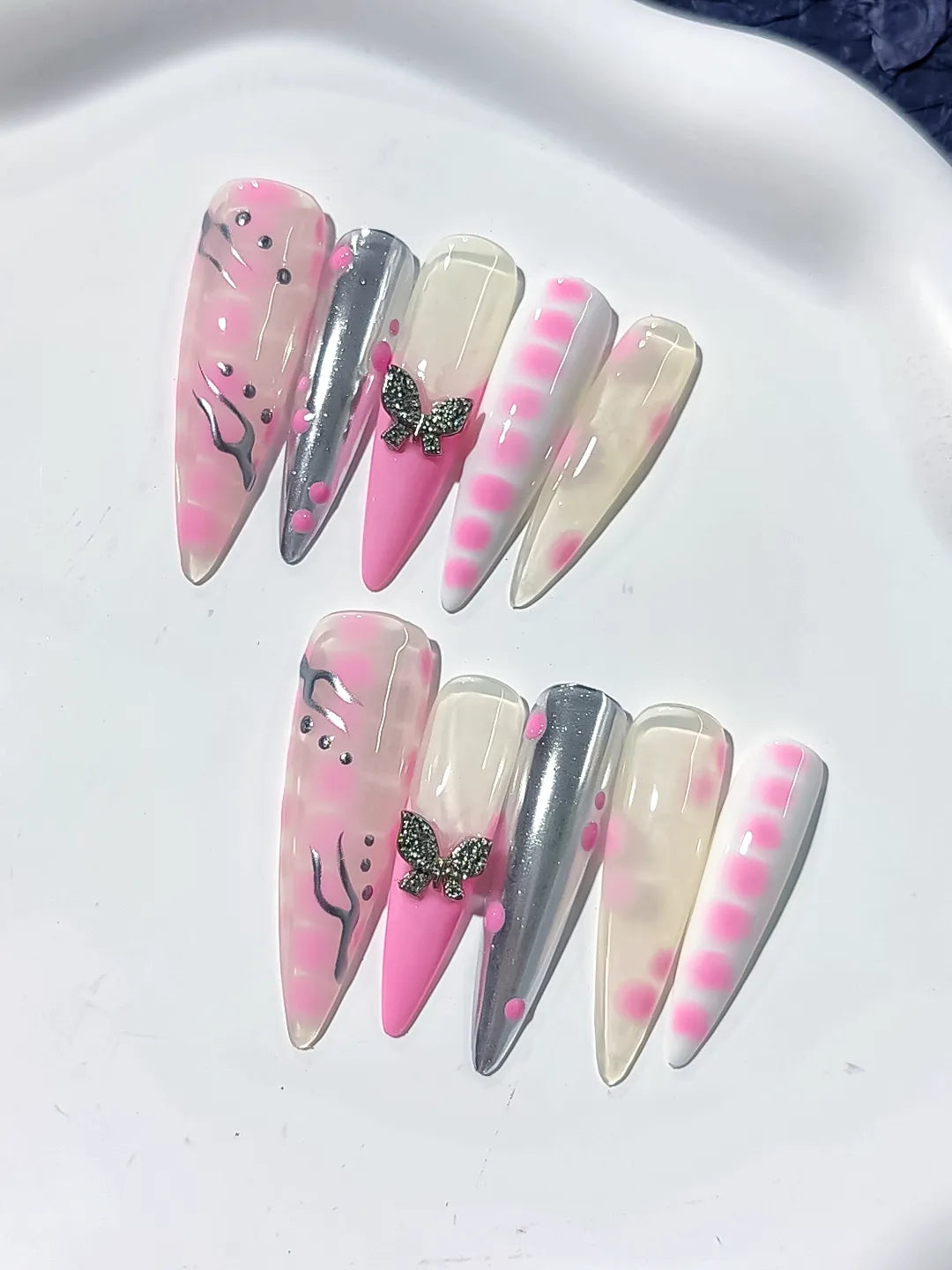 Pink White Silver Abstract Butterfly press on nails close up