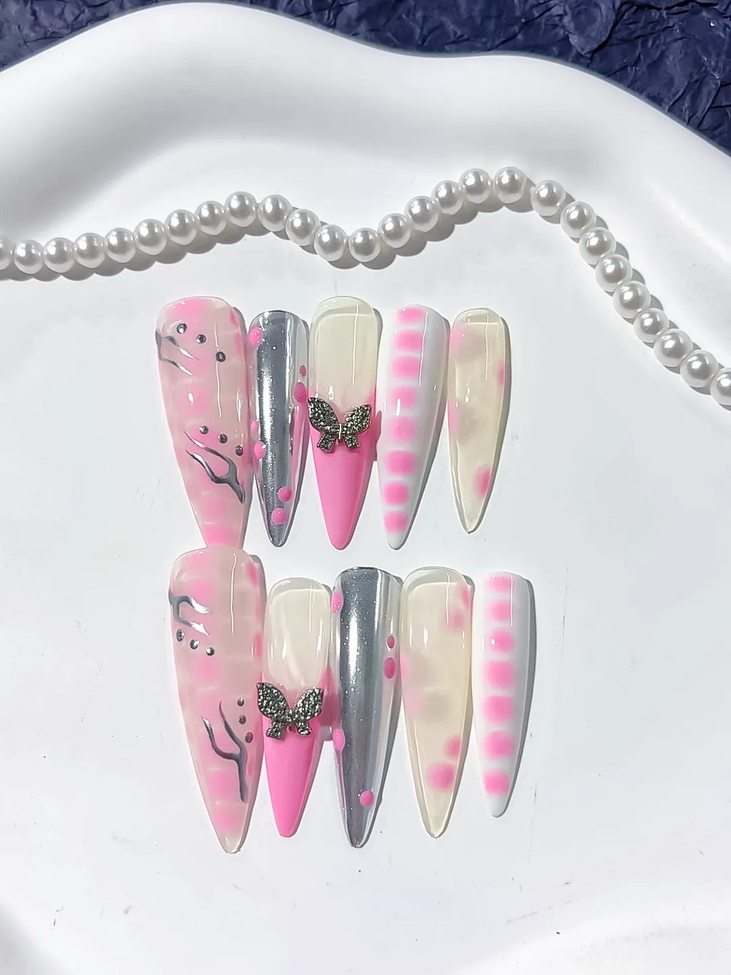 Pink White Silver Abstract Butterfly press on nails detail view