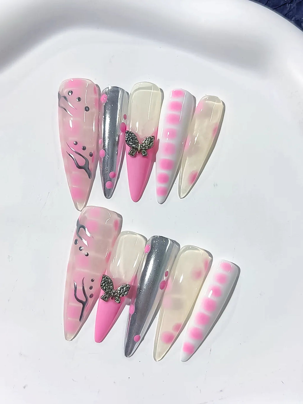 Pink White Silver Abstract Butterfly press on nails detail view