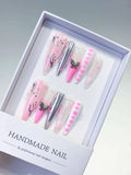 Pink White Silver Abstract Butterfly press on nails