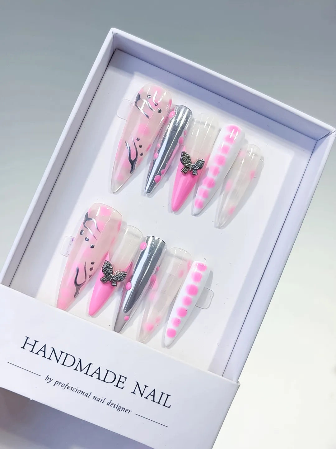Pink White Silver Abstract Butterfly press on nails