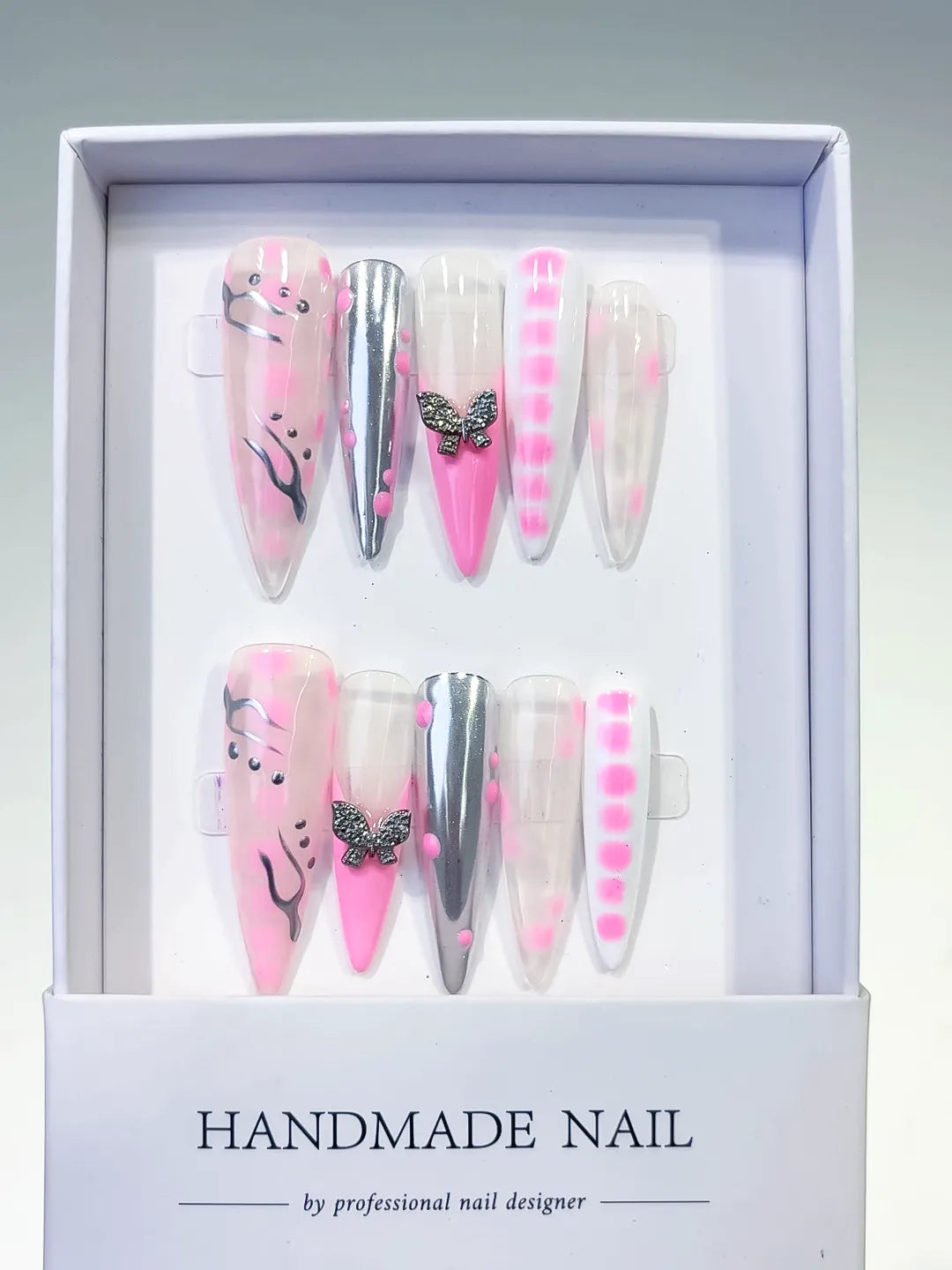 Pink White Silver Abstract Butterfly press on nails full set view