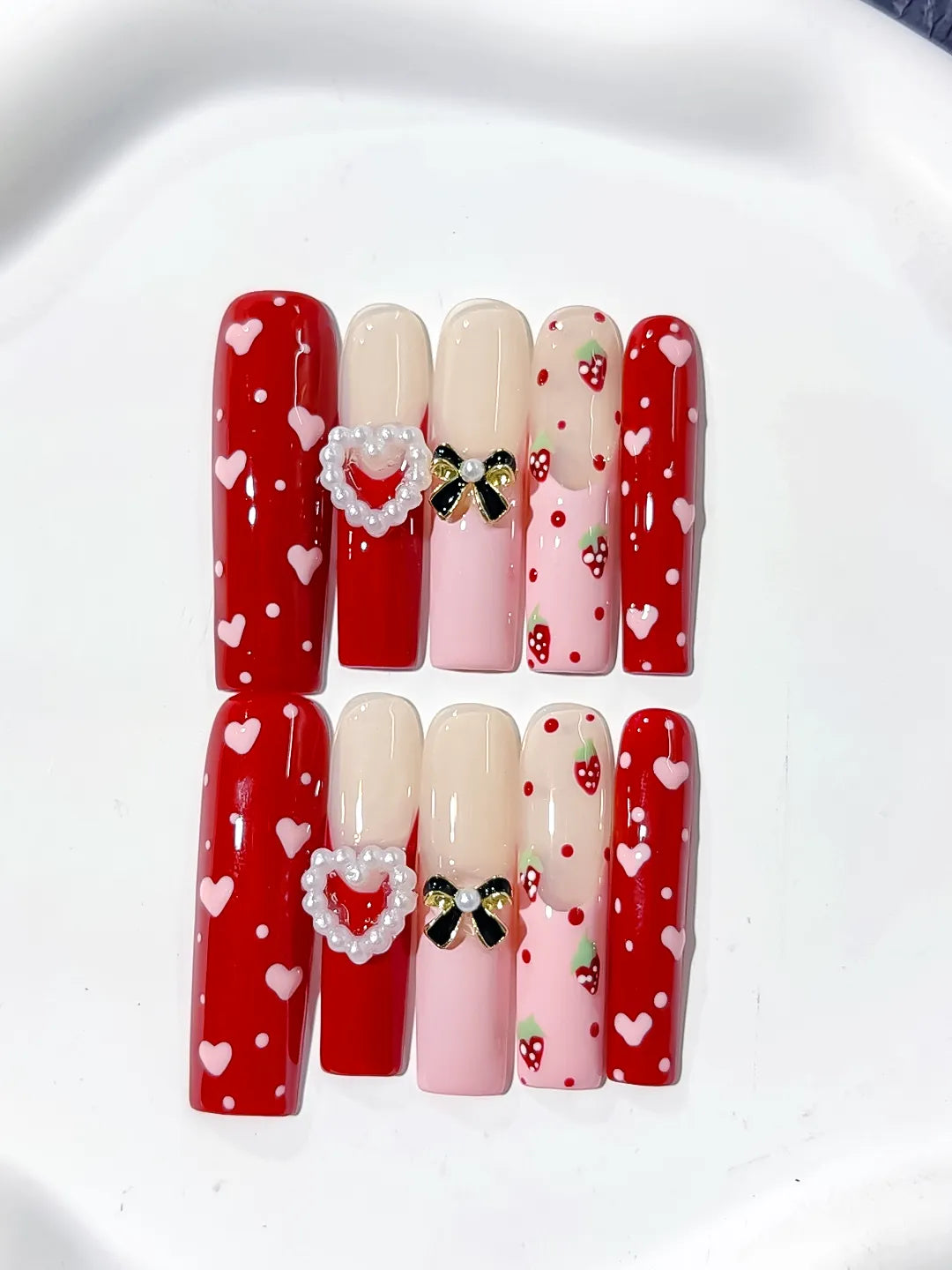 Red Pink Nude White Black Abstract Heart Bow Strawberry Pearl 3D press on nails detail view