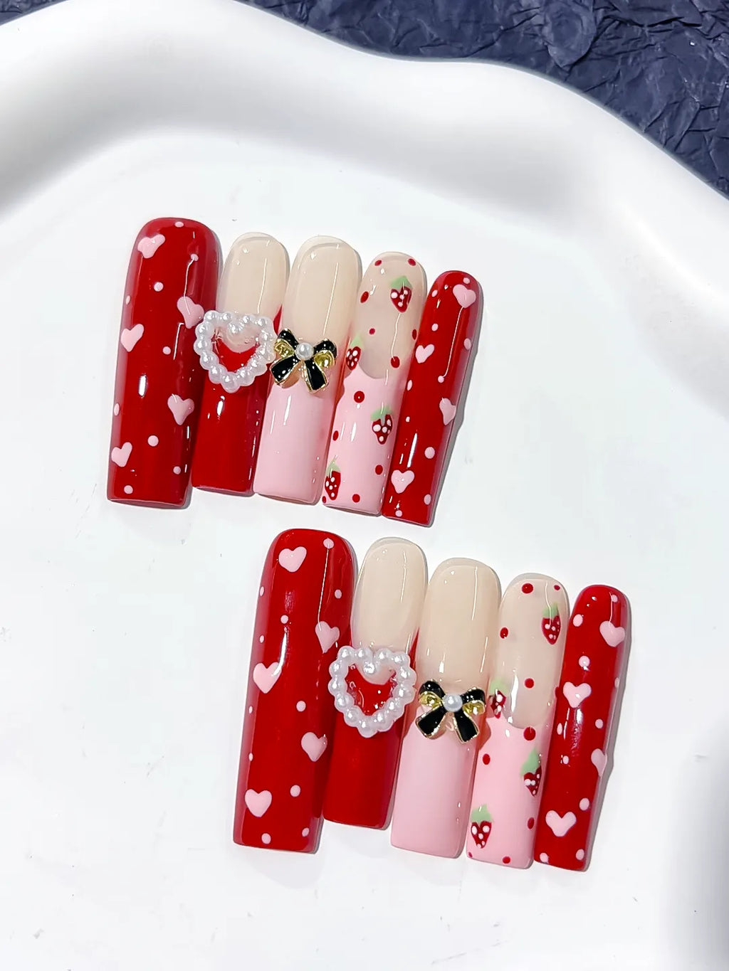 Red Pink Nude White Black Abstract Heart Bow Strawberry Pearl 3D press on nails close up