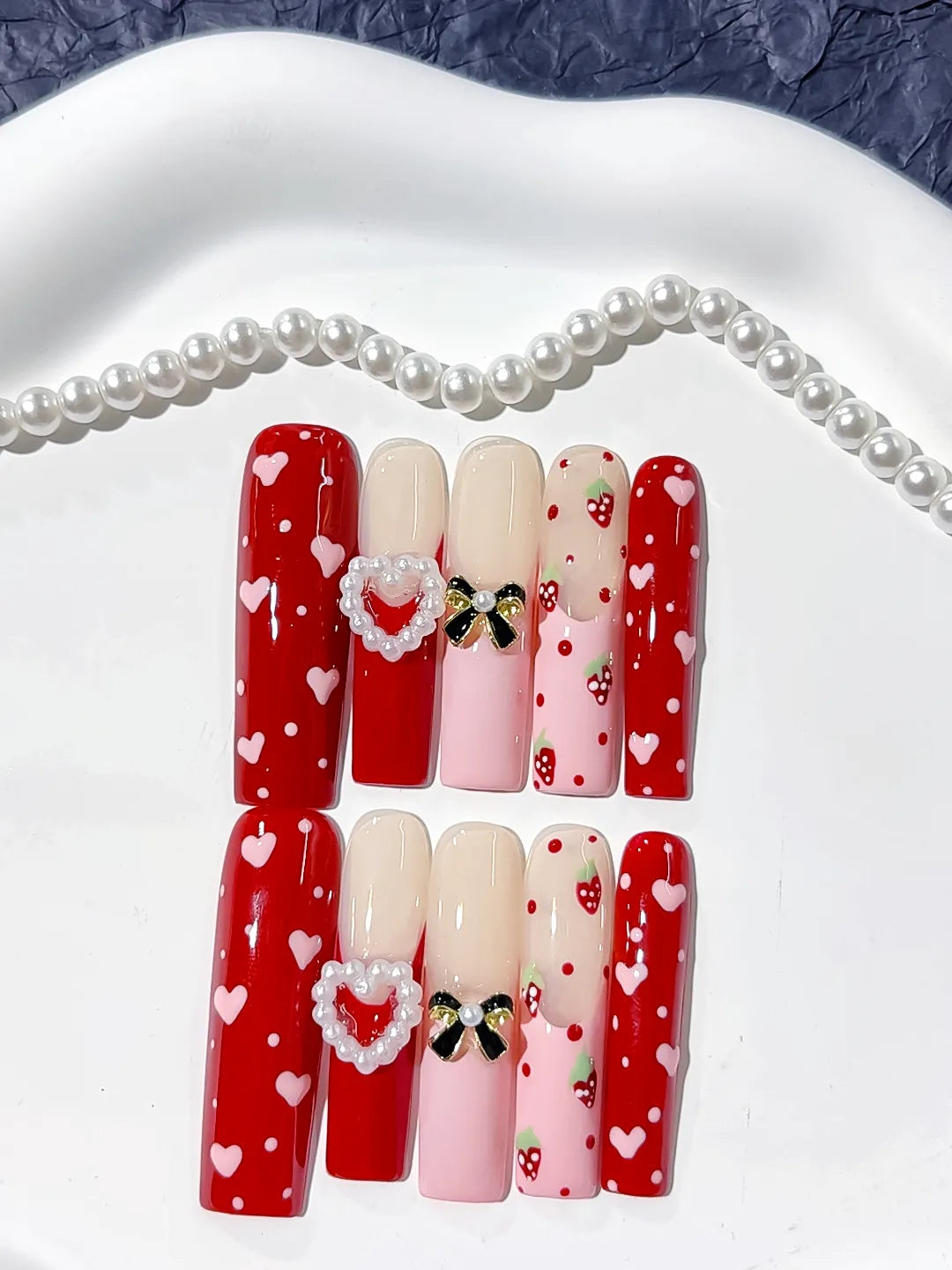 Red Pink Nude White Black Abstract Heart Bow Strawberry Pearl 3D press on nails detail view
