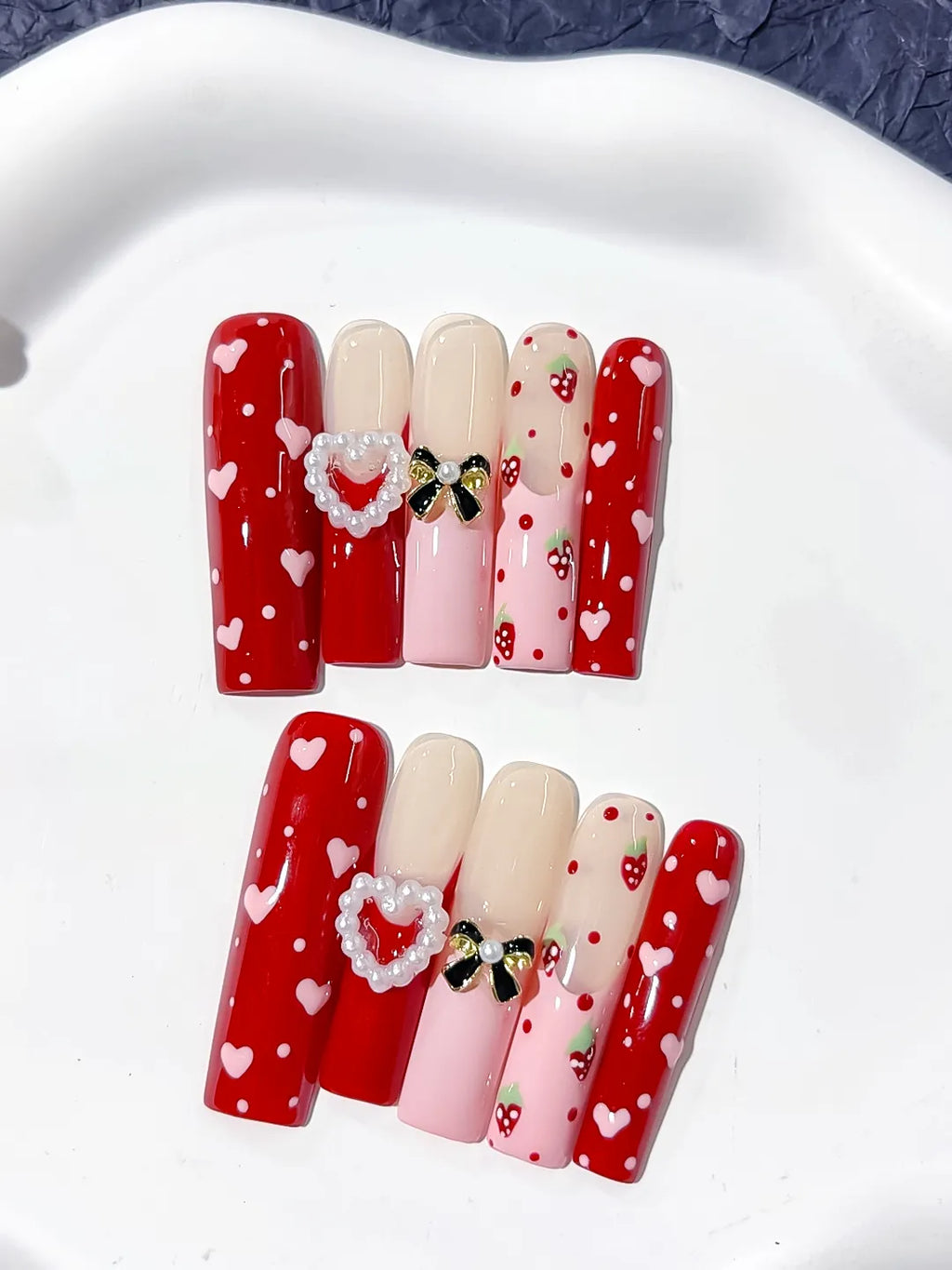 Red Pink Nude White Black Abstract Heart Bow Strawberry Pearl 3D press on nails detail view