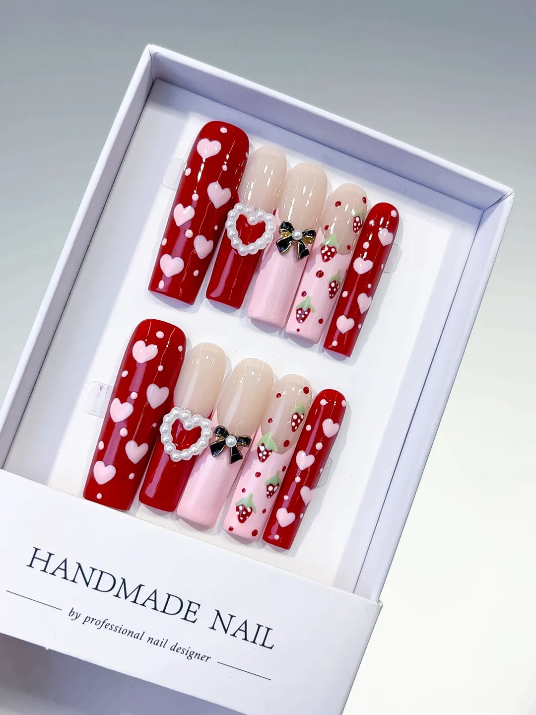 Red Pink Nude White Black Abstract Heart Bow Strawberry Pearl 3D press on nails
