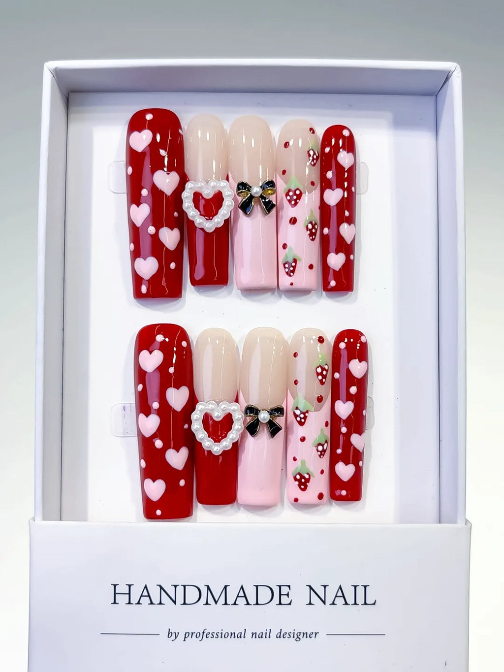 Red Pink Nude White Black Abstract Heart Bow Strawberry Pearl 3D press on nails full set view