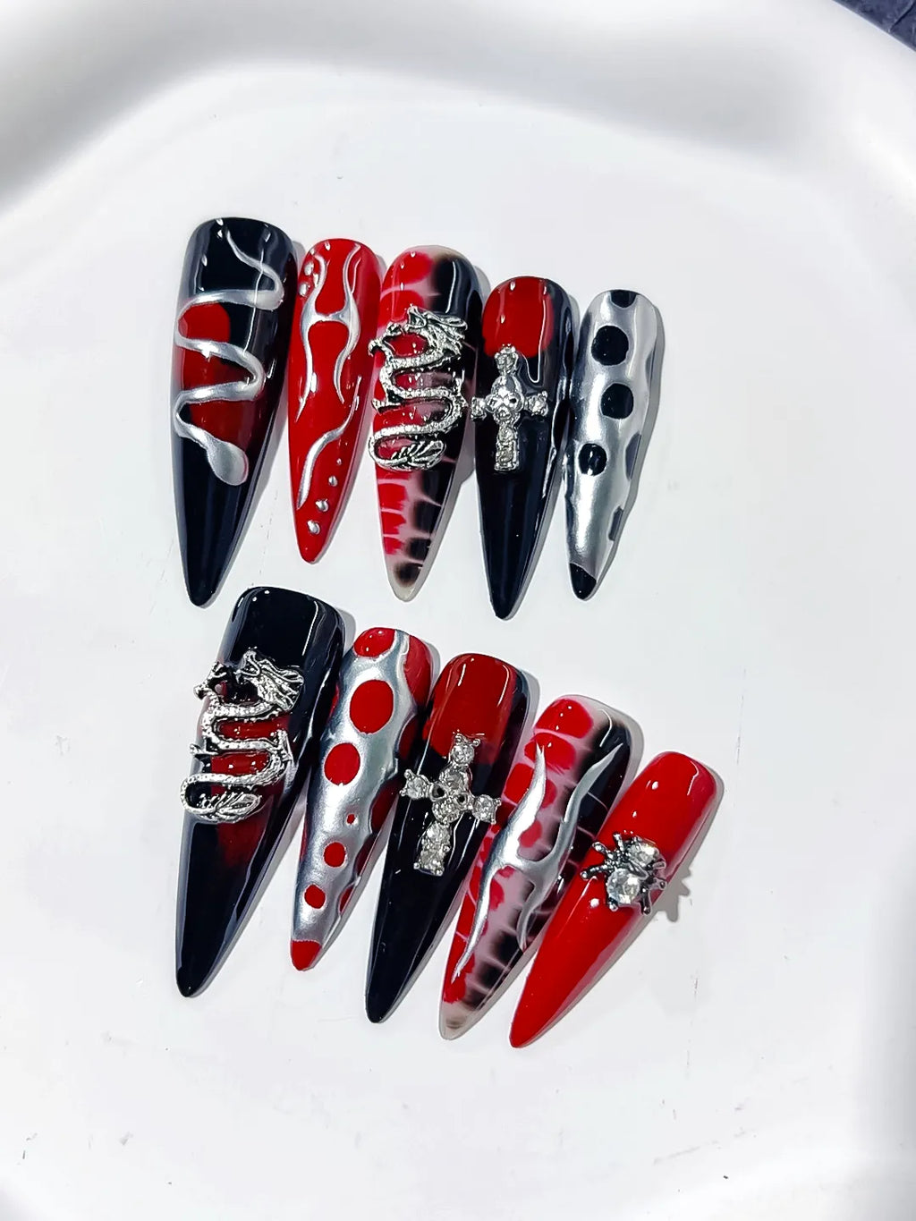 Black Red White Silver Abstract Cross Snake Rhinestone press on nails detail view