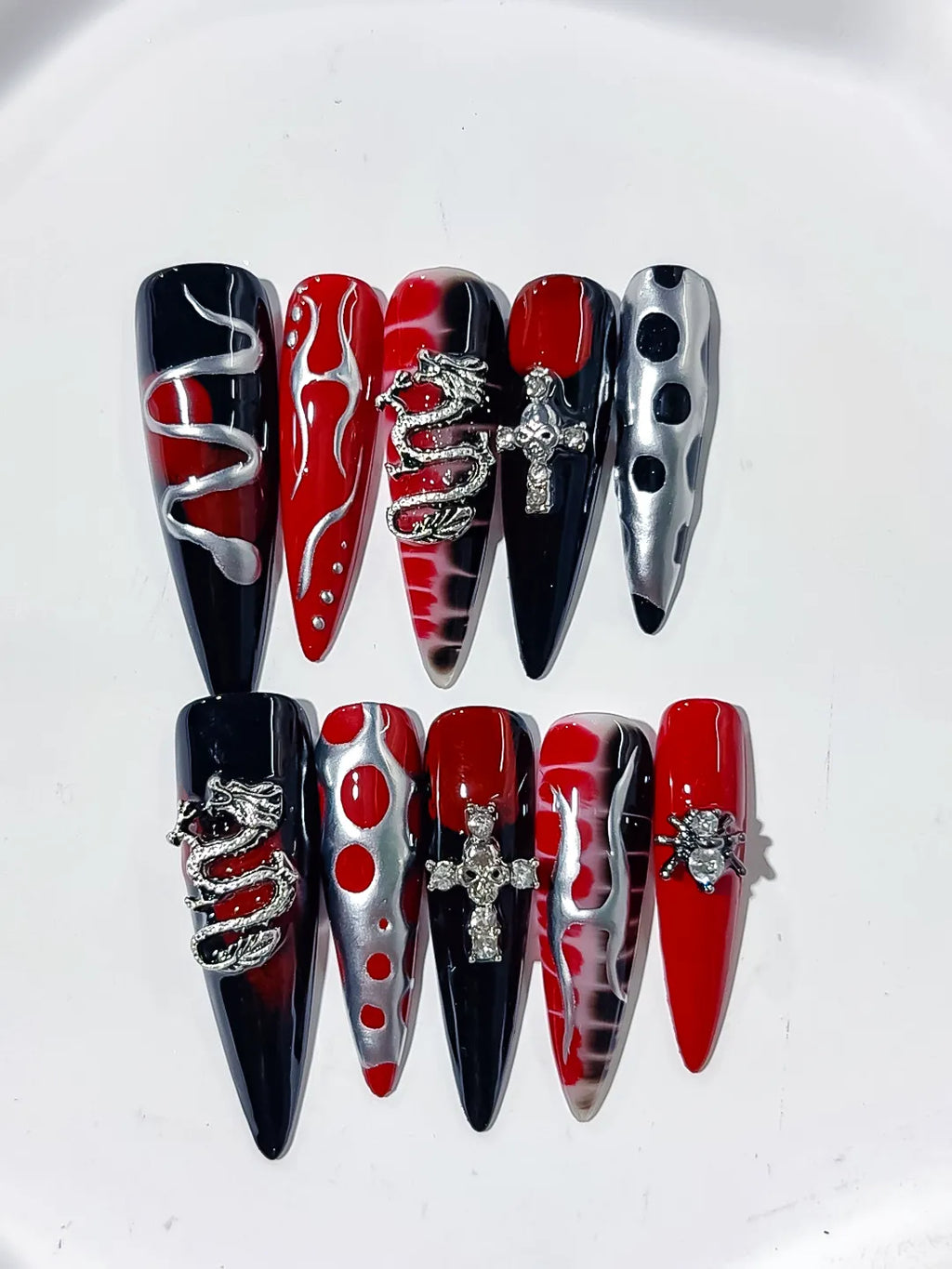 Black Red White Silver Abstract Cross Snake Rhinestone press on nails close up