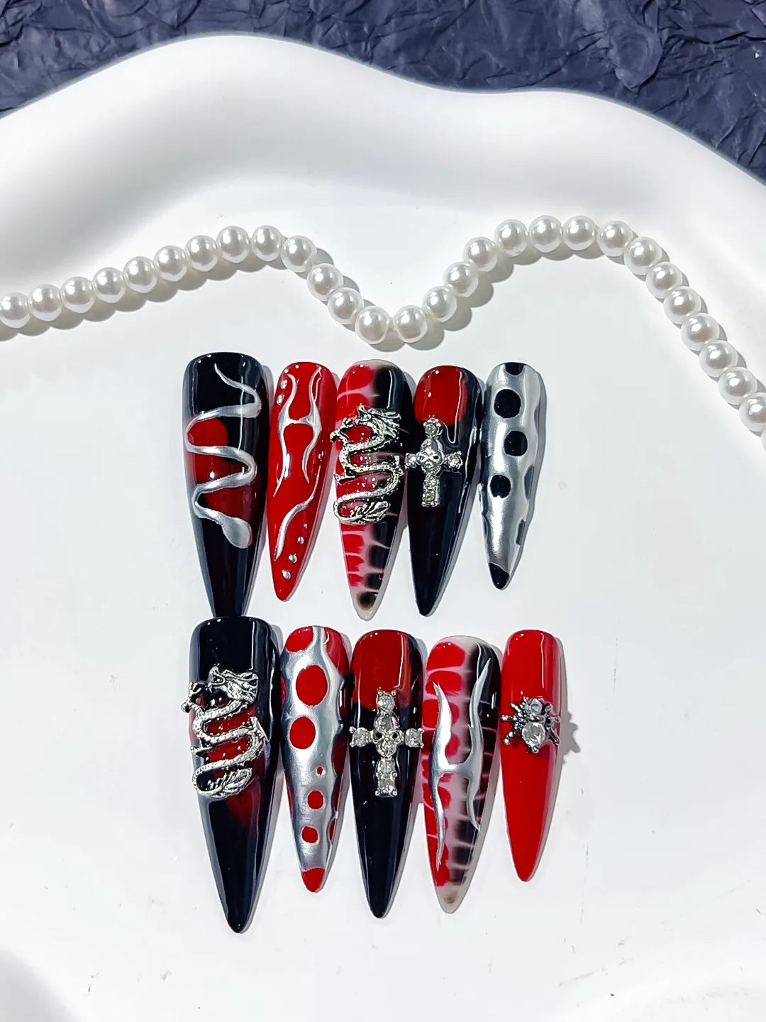 Black Red White Silver Abstract Cross Snake Rhinestone press on nails detail view