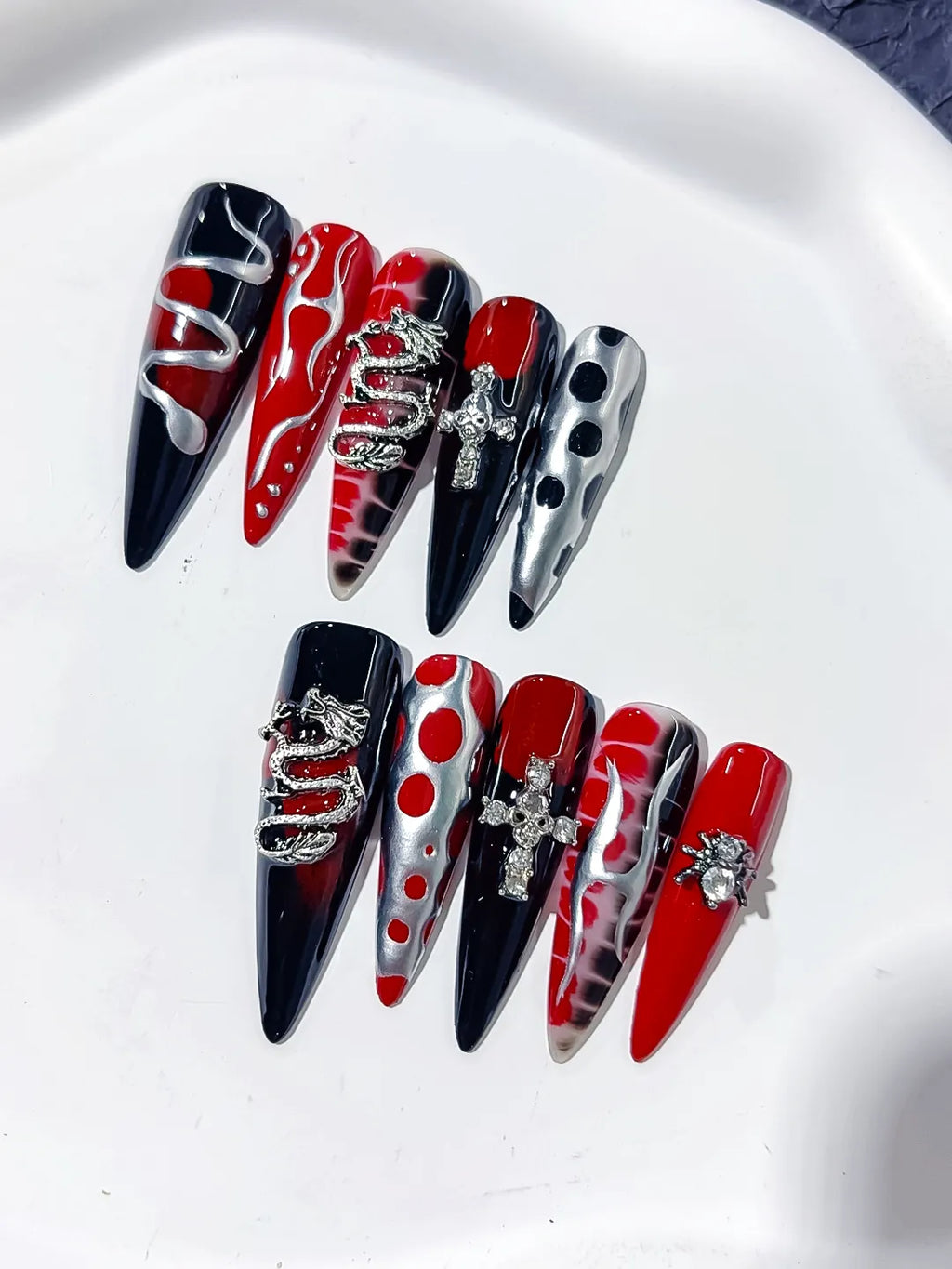 Black Red White Silver Abstract Cross Snake Rhinestone press on nails detail view