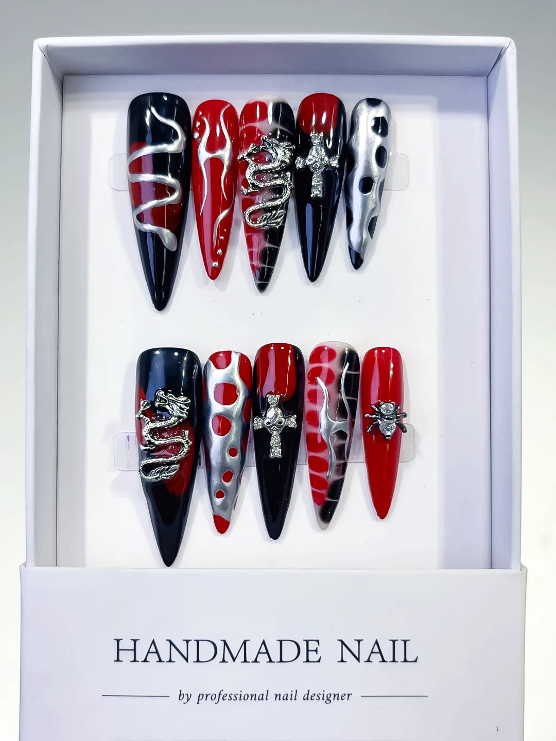 Black Red White Silver Abstract Cross Snake Rhinestone press on nails full set view