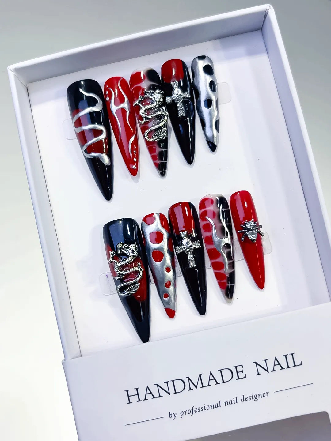 Black Red White Silver Abstract Cross Snake Rhinestone press on nails angled view
