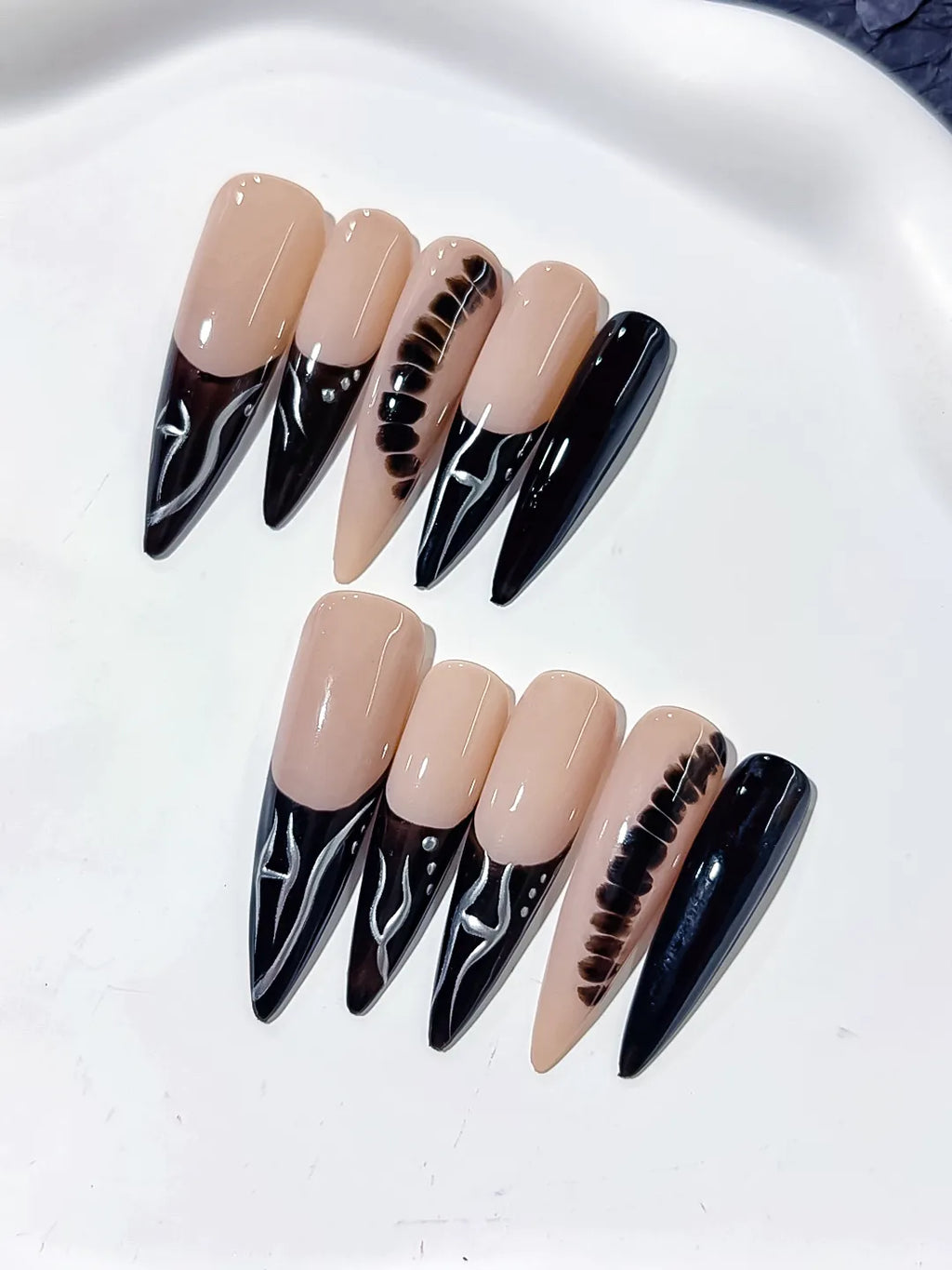 Nude Black Silver French tip Glitter press on nails close up