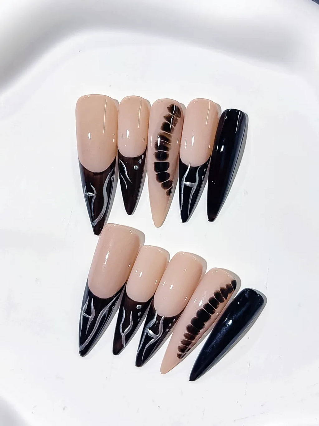 Nude Black Silver French tip Glitter press on nails detail view