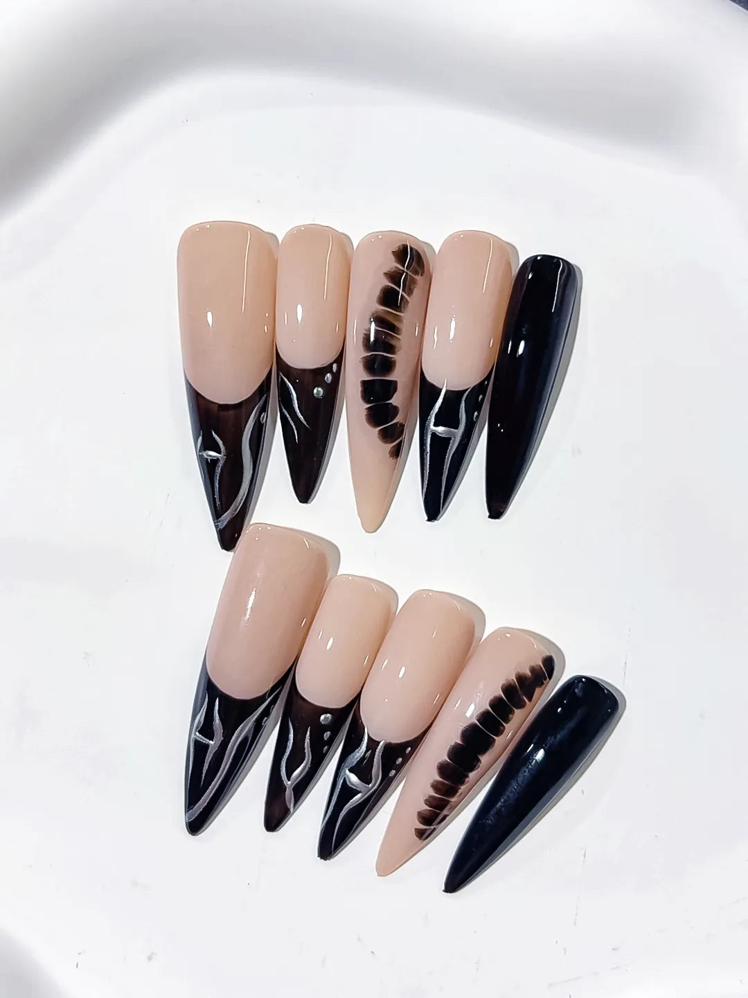 Nude Black Silver French tip Glitter press on nails detail view