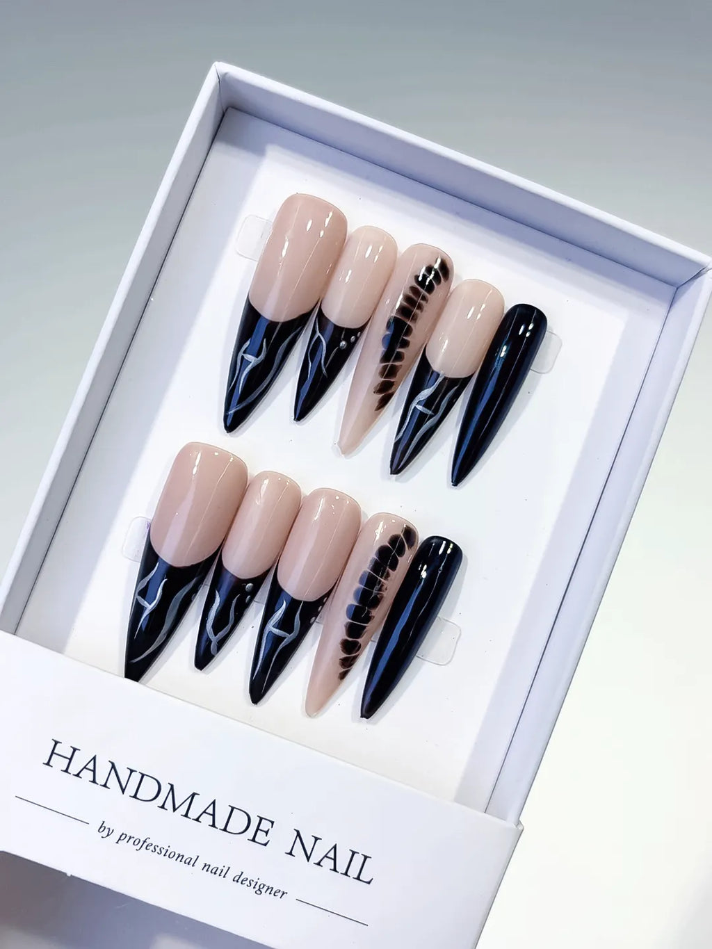 Nude Black Silver French tip Glitter press on nails