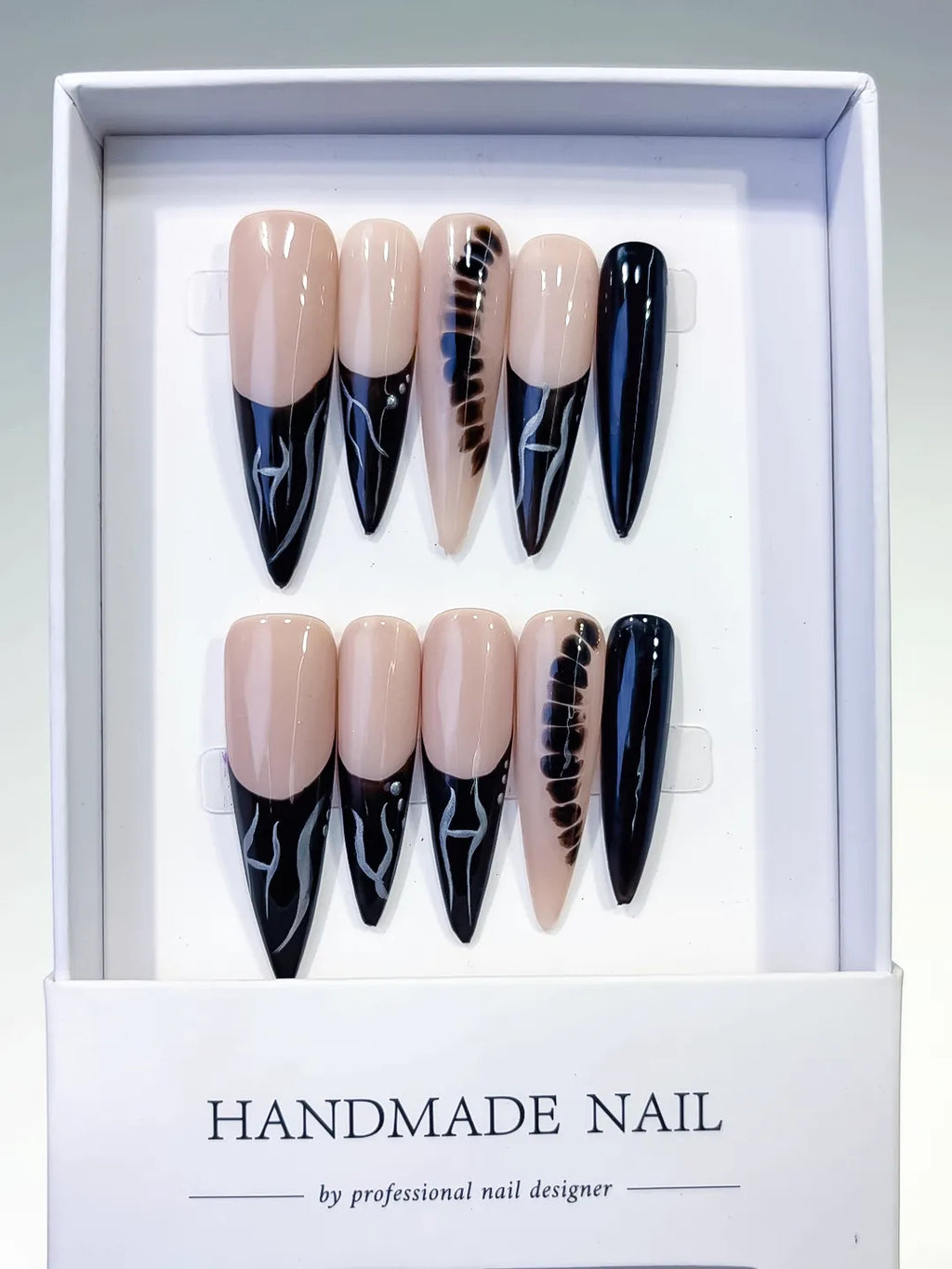 Nude Black Silver French tip Glitter press on nails full set view