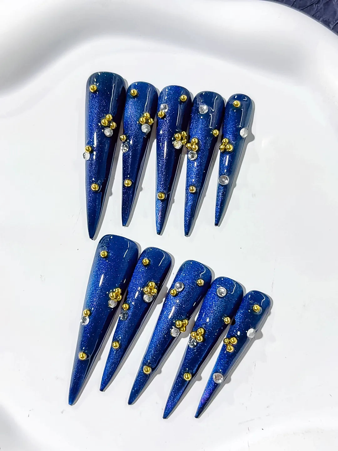 Blue Gold Silver Metallic Stud press on nails detail view