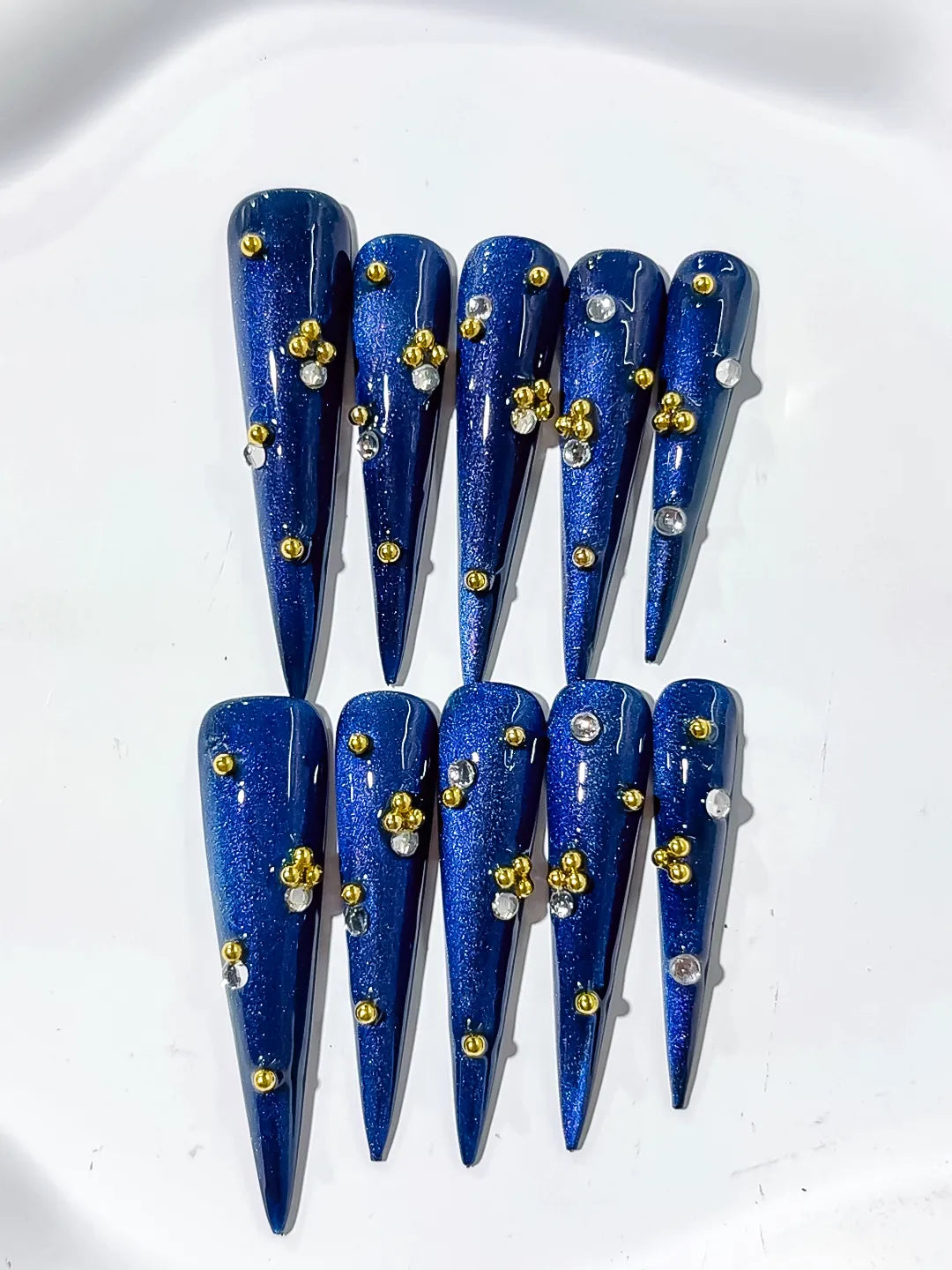 Blue Gold Silver Metallic Stud press on nails detail view