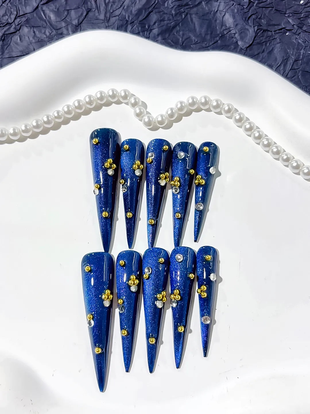 Blue Gold Silver Metallic Stud press on nails close up