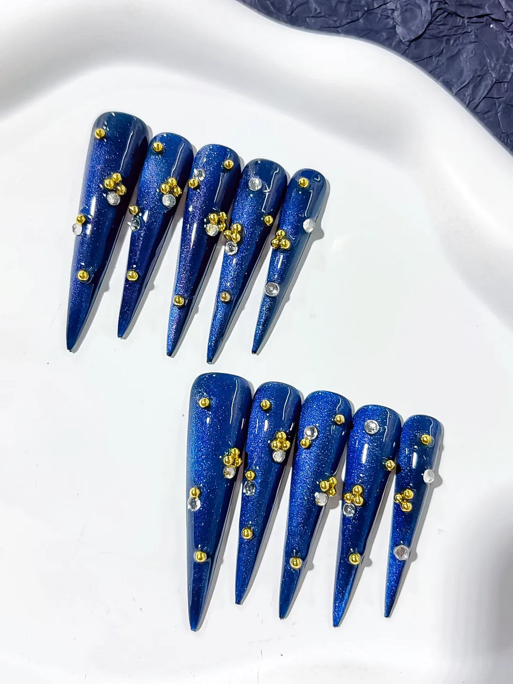 Blue Gold Silver Metallic Stud press on nails detail view