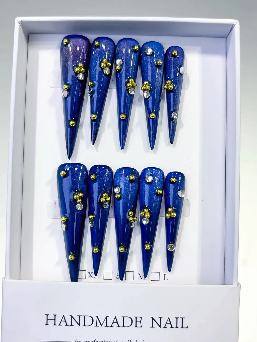 Blue Gold Silver Metallic Stud press on nails full set view