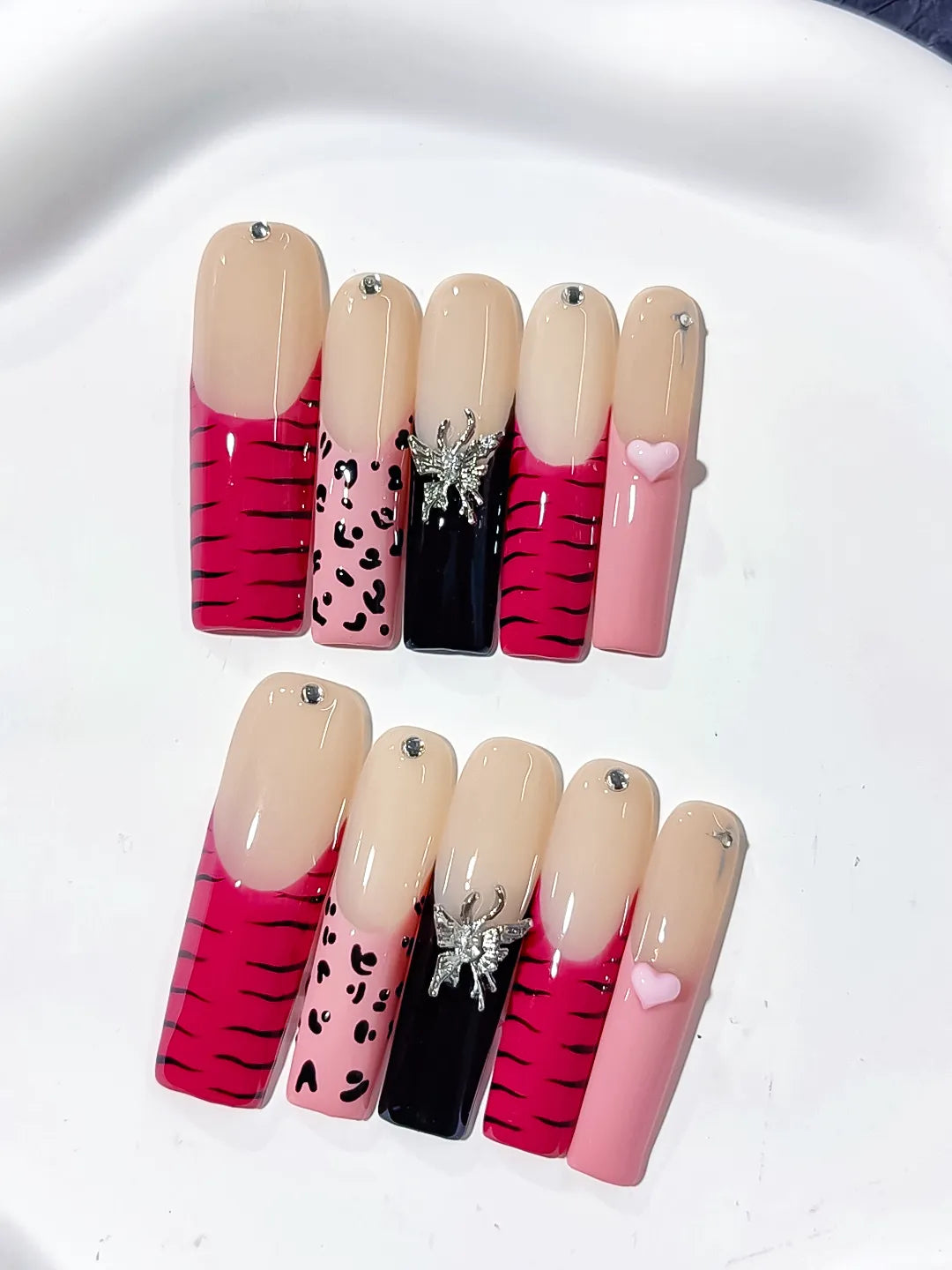 Nude Pink Black Abstract Animal Print Glitter press on nails detail view