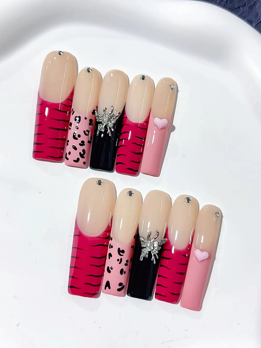 Nude Pink Black Abstract Animal Print Glitter press on nails detail view