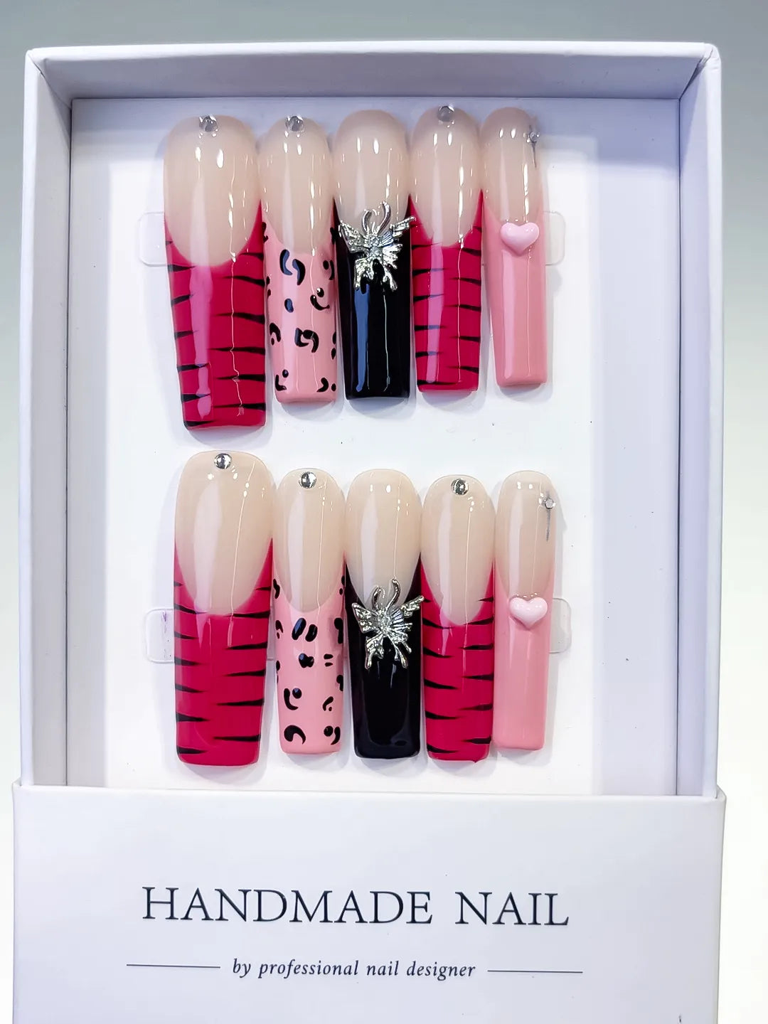 Nude Pink Black Abstract Animal Print Glitter press on nails full set view
