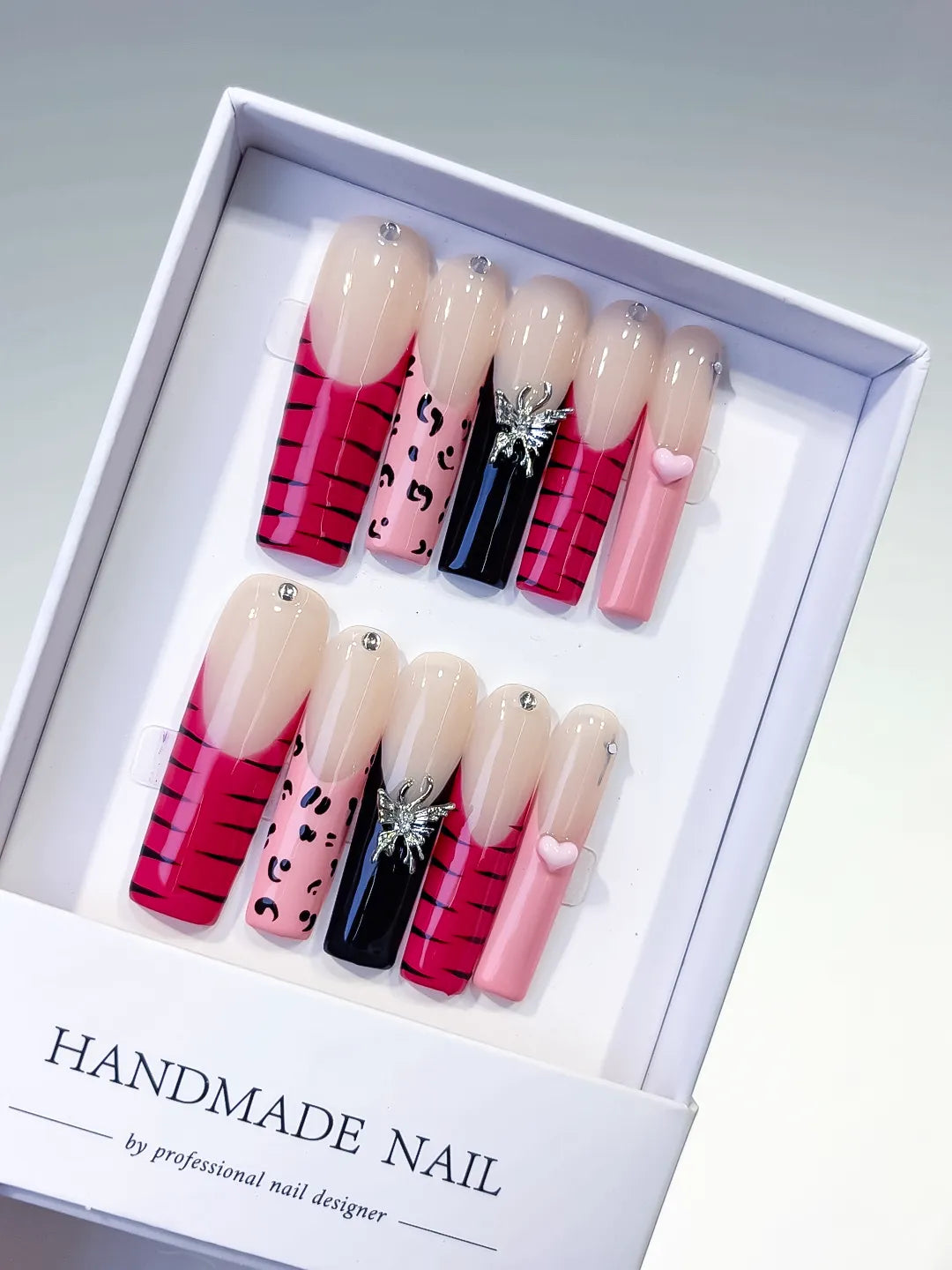 Nude Pink Black Abstract Animal Print Glitter press on nails