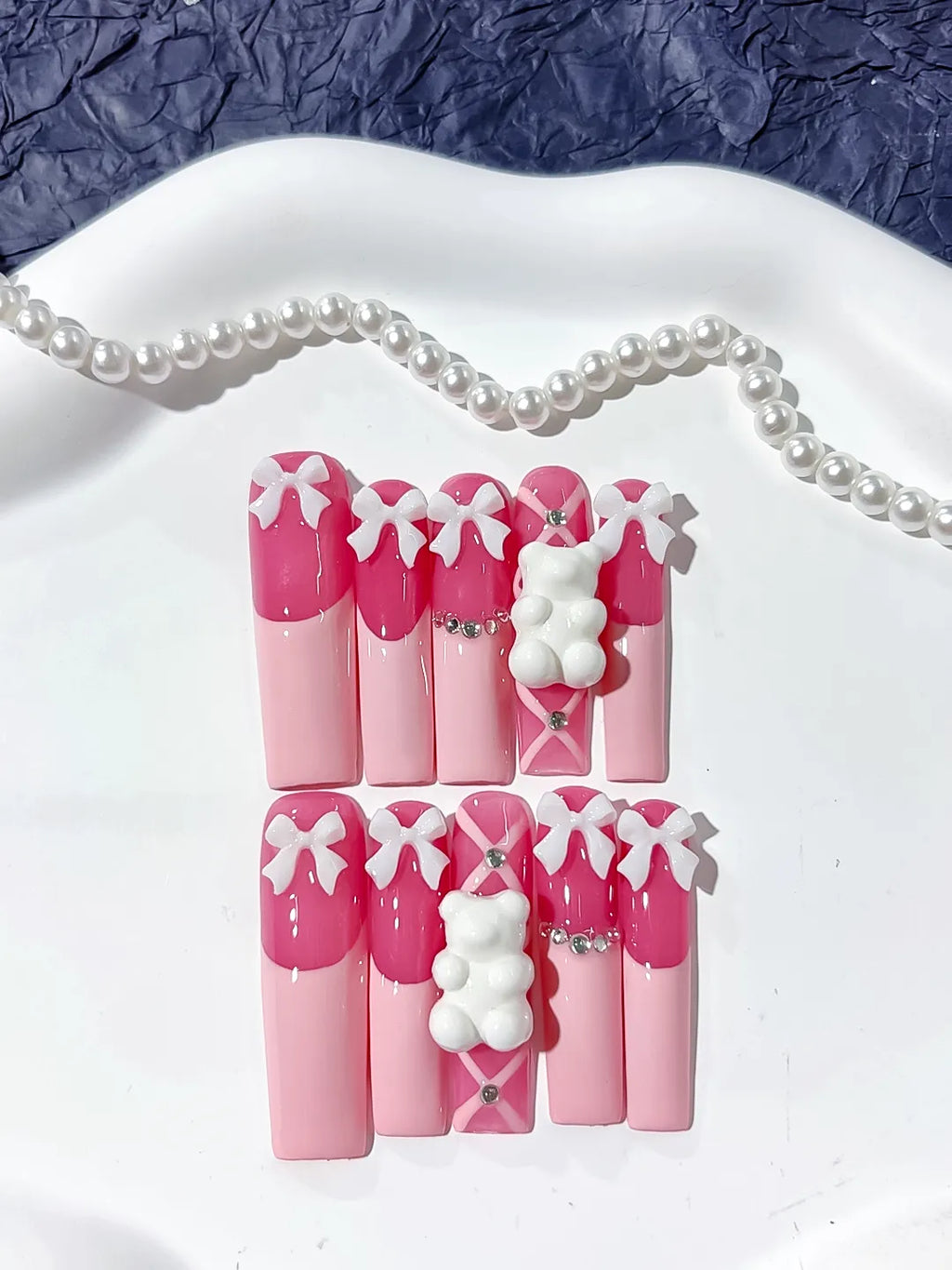 Pink White Solid color Bow Bear Rhinestone 3D press on nails detail view