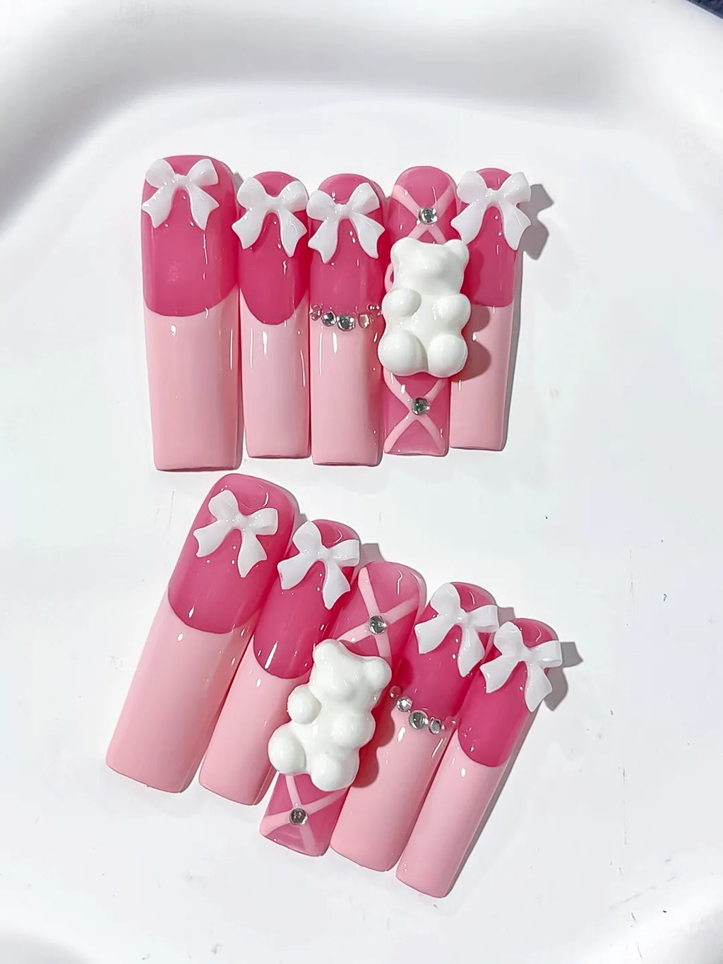 Pink White Solid color Bow Bear Rhinestone 3D press on nails detail view