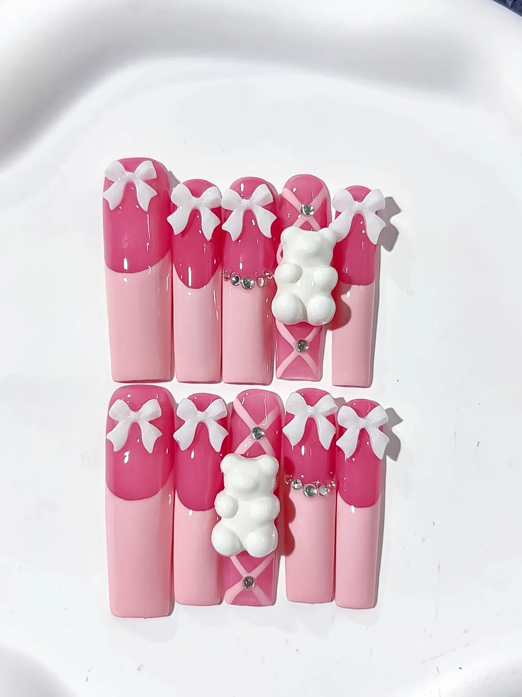 Pink White Solid color Bow Bear Rhinestone 3D press on nails detail view