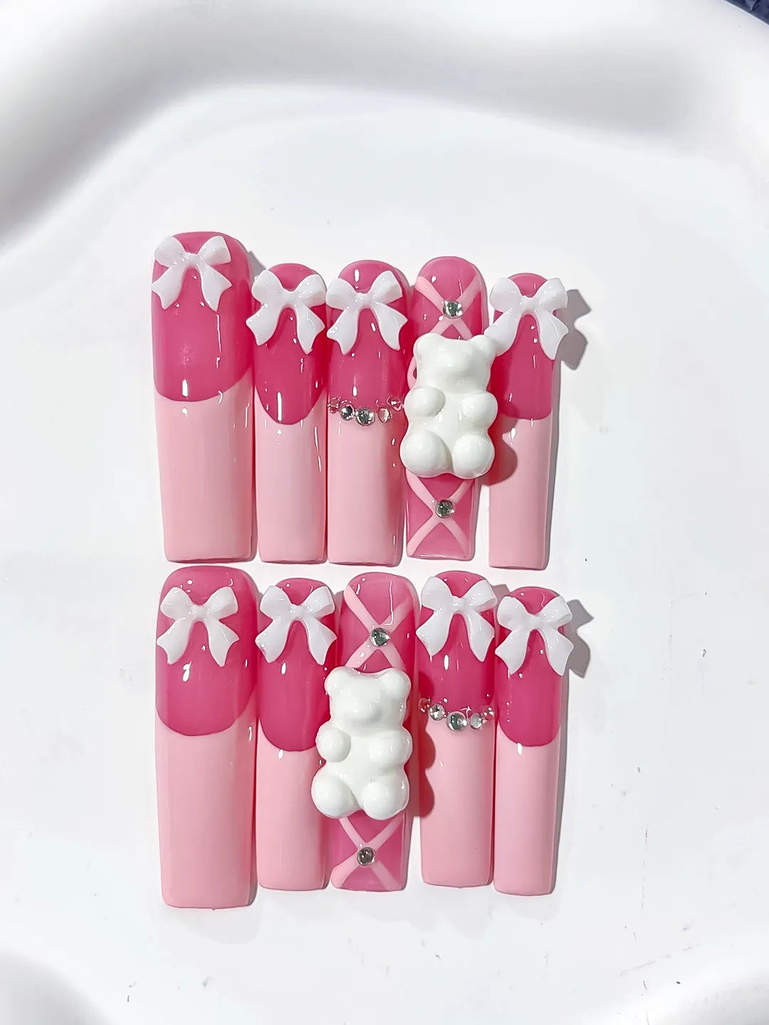 Pink White Solid color Bow Bear Rhinestone 3D press on nails detail view