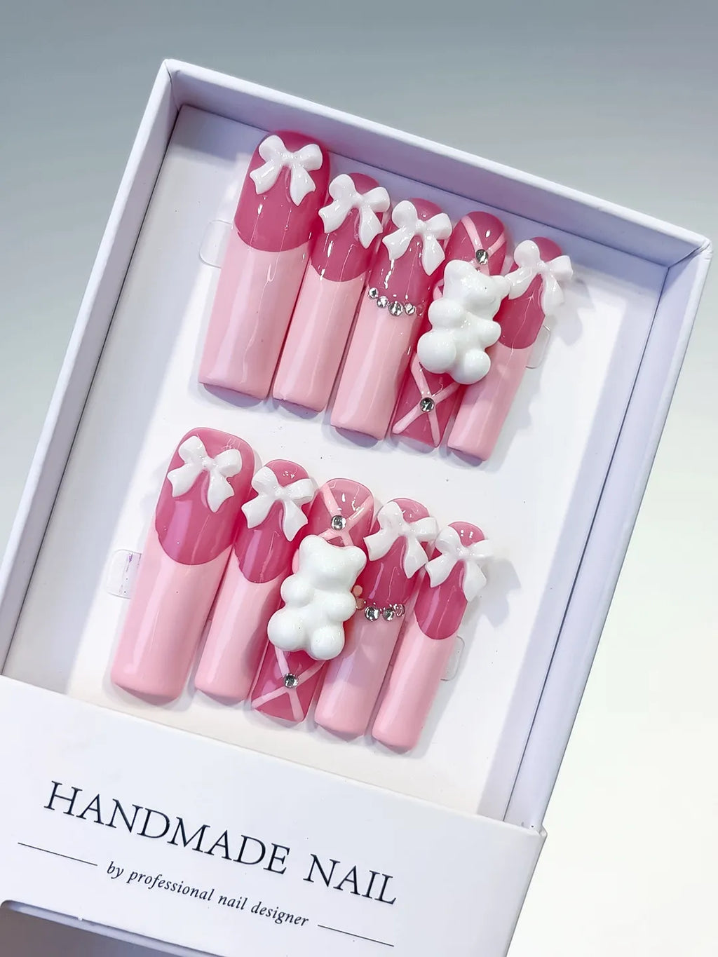 Pink White Solid color Bow Bear Rhinestone 3D press on nails