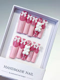 Pink White Solid color Bow Bear Rhinestone 3D press on nails