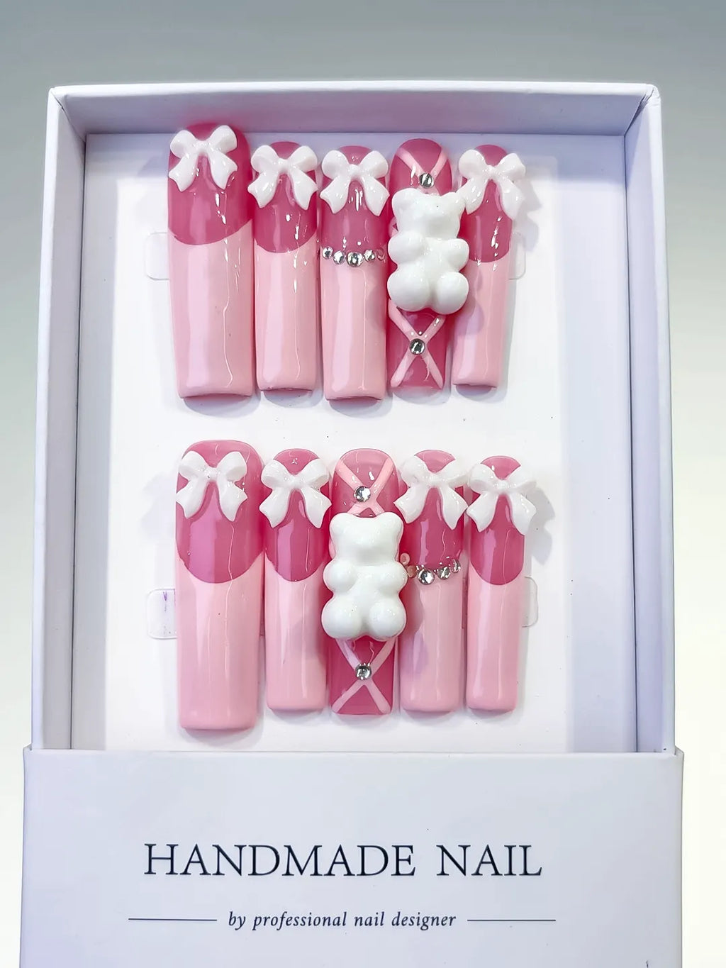 Pink White Solid color Bow Bear Rhinestone 3D press on nails full set view