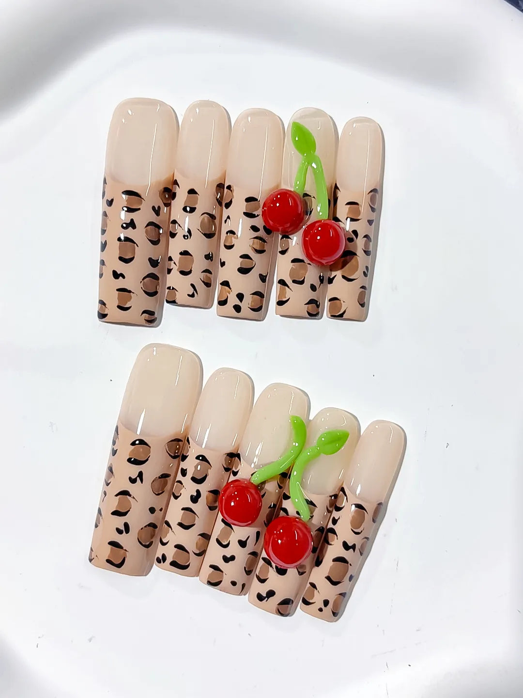 Nude Brown Black Red Green Abstract Animal Print Cherry 3D press on nails detail view