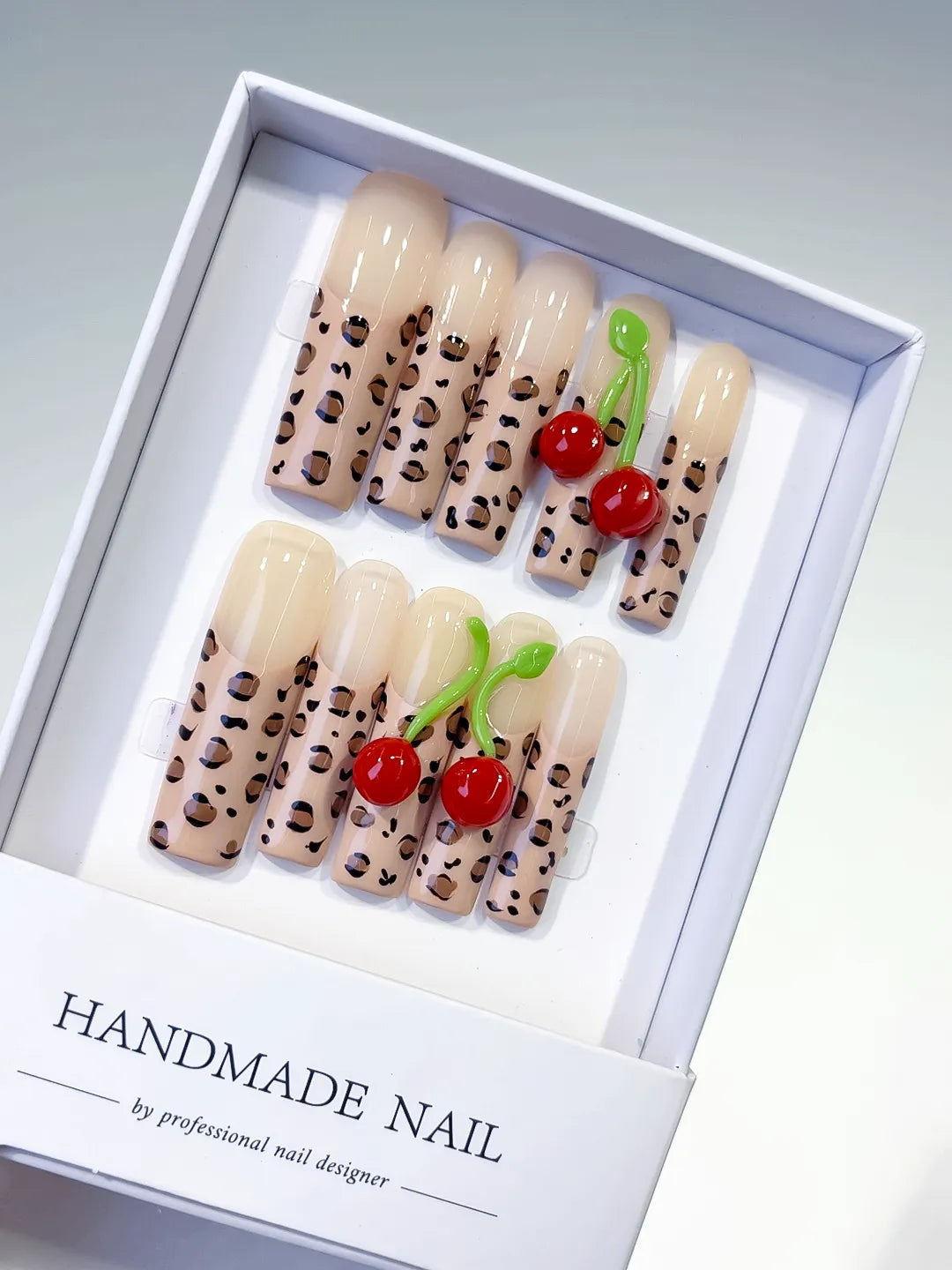 Nude Brown Black Red Green Abstract Animal Print Cherry 3D press on nails