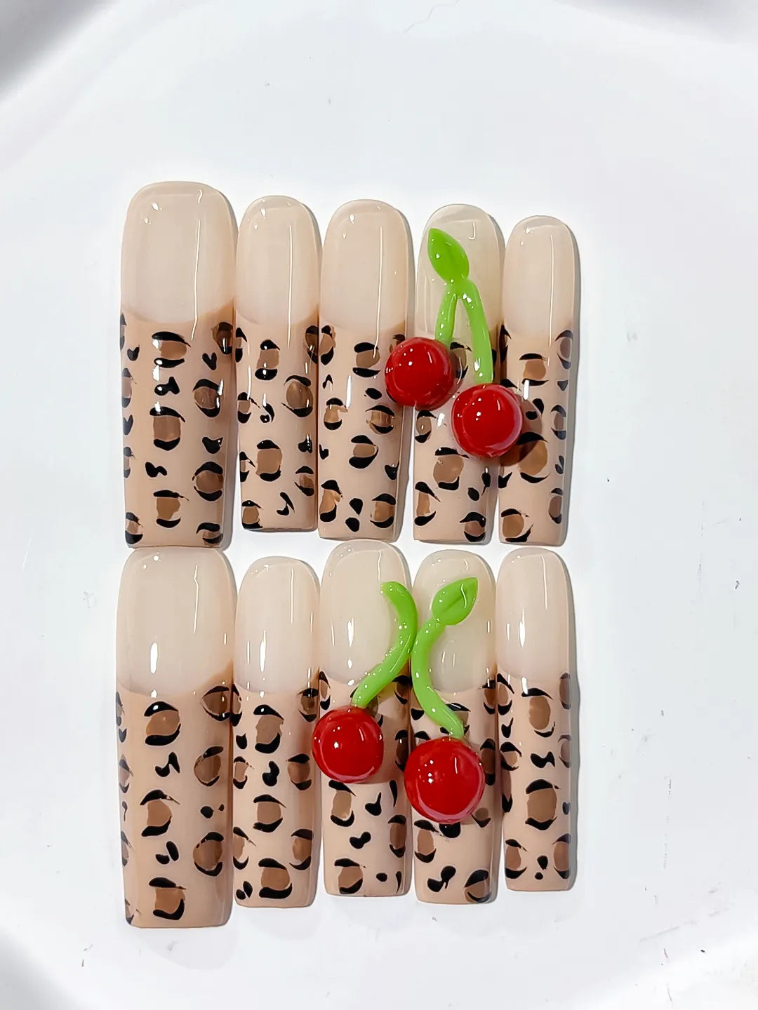 Nude Brown Black Red Green Abstract Animal Print Cherry 3D press on nails close up
