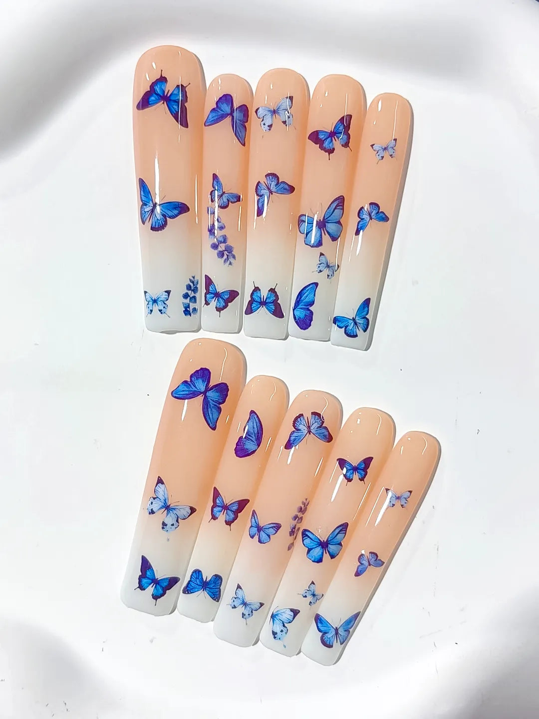 Nude Blue White Solid color Butterfly press on nails detail view