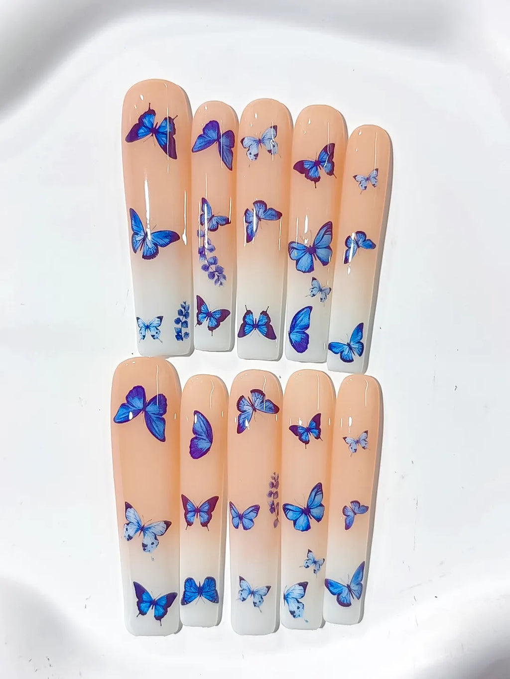 Nude Blue White Solid color Butterfly press on nails close up