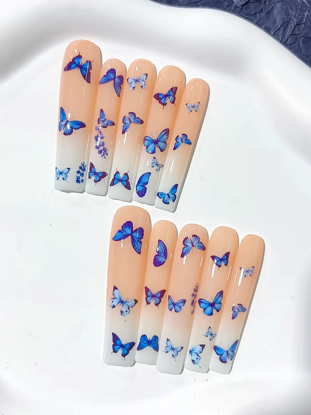 Nude Blue White Solid color Butterfly press on nails detail view