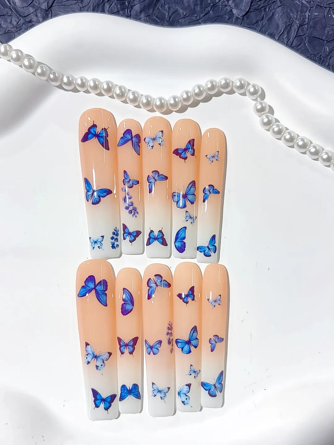 Nude Blue White Solid color Butterfly press on nails detail view