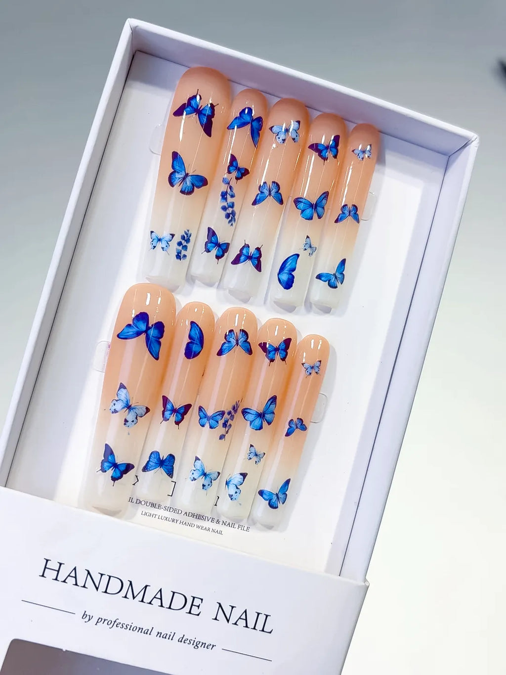 Nude Blue White Solid color Butterfly press on nails